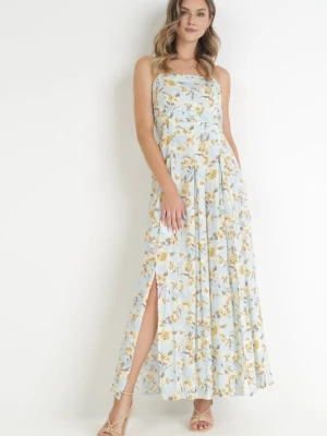 Jasnoniebieska Sukienka Maxi na Regulowanych Ramiączkach z Rozcięciem na Dole Alasima R&f Fashion Niebieski