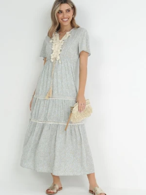 Jasnoniebieska Sukienka Maxi z Gumką w Pasie i Chwostami w Kwiaty Patrisce R&f Fashion Niebieski