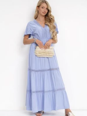 Jasnoniebieska Sukienka Maxi z Gumką w Talii i Koronkowymi Lamówkami Kelbie