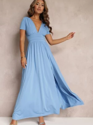 Jasnoniebieska Sukienka Maxi z Rozkloszowanym Dołem i Rozcięciem Zarya