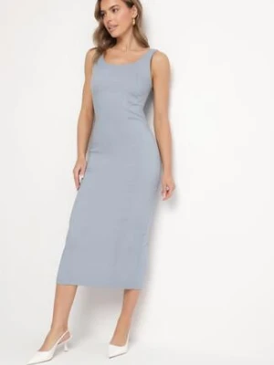 Jasnoniebieska Sukienka na Ramiączkach z Wiskozą o Ołówkowym Kroju z Rozcięciem Tirbia rosa