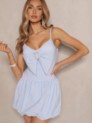 Jasnoniebieska Sukienka o Fasonie Bombki z Kokardką na Dekolcie i Cyrkoniami Palonira lovery