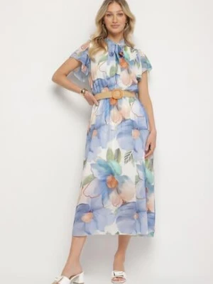 Jasnoniebieska Sukienka o Rozkloszowanym Kroju z Wiązaniem przy Dekolcie i Paskiem Sorilina lovery