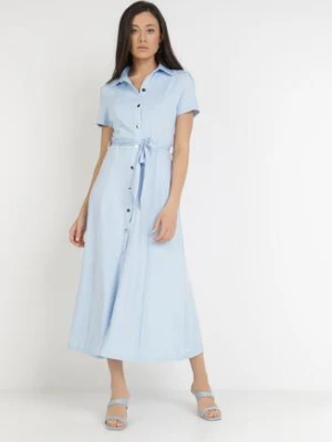 Jasnoniebieska Sukienka o Koszulowym Fasonie Wiązana w Talii Ophieithe by swan
