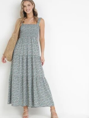 Jasnoniebieska Sukienka Rozkloszowana na Ramiączkach w Kwiaty Hasana rosa