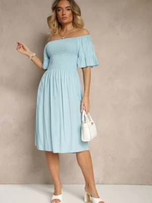 Jasnoniebieska Sukienka Rozkloszowana z Bawełny z Bufkami w Ramionach i Gumkami w Biuście Norlio defox