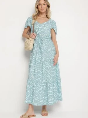 Jasnoniebieska Sukienka z Bawełną i Geometrycznym Wzorem Lunavella j&x