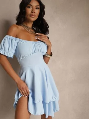 Jasnoniebieska Sukienka z Bawełną Ozdobiona Falbankami i Bufkami Mavilare wei wei