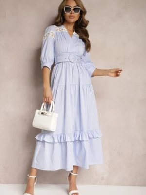 Jasnoniebieska Sukienka z Dekoltem na Zakładkę Paskiem w Talii o Rozkloszowanym Kroju Pialisa bisou's project