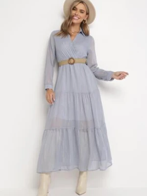 Jasnoniebieska Sukienka z Kopertowym Dekoltem i Plecionym Paskiem Dirmi rosa