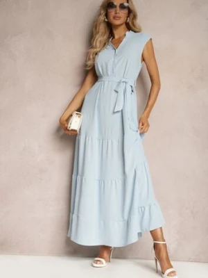 Jasnoniebieska Sukienka z Paskiem w Talii o Rozkloszowanym Fasonie bez Rękawów Ellasin cflo