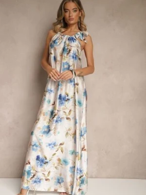 Jasnoniebieska Sukienka z Satyny w Kwiatowy Wzór Fenimea