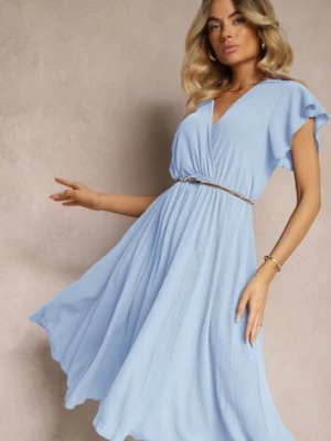 Jasnoniebieska Sukienka z Trójkątnym Dekoltem z Gumką w Pasie o Plisowanym Kroju Doetta lovery
