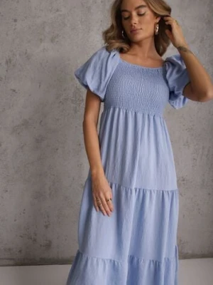 Jasnoniebieska Sukienka z Wiskozy o Rozkloszowanym Kroju z Bufiastymi Rękawkami Rosena j&x