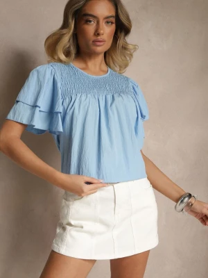 Jasnoniebieska Trapezowa Bluzka z Wiskozą Zdobiona Falbankami i Elastyczną Wstawką Mirlimi New Collection Niebieski