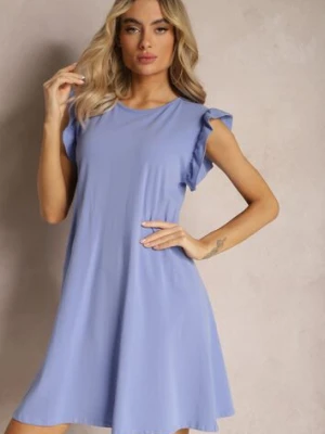 Jasnoniebieska Trapezowa Sukienka z Elastycznej Bawełny z Falbankami Przy Ramionach Aleradia glo-story