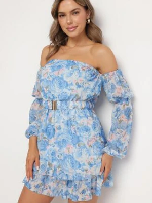 Jasnoniebieska Wiskozowa Sukienka Hiszpanka z Falbanami i Paskiem w Kwiaty Virmoi lovery