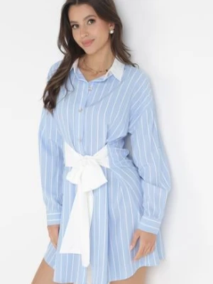 Jasnoniebieska Wiskozowa Sukienka Mini o Fasonie Koszuli Zapinana na Guziki Romola wei wei