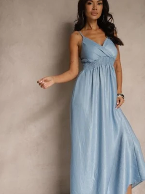 Jasnoniebieska Wiskozowa Sukienka o Kopertowym Kroju na Ramiączkach z Cyrkoniami Aravice cflo