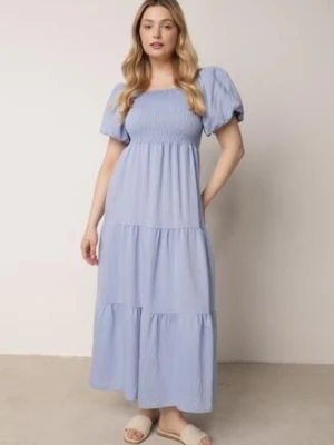 Jasnoniebieska Wiskozowa Sukienka z Bufiastymi Rękawami i Marszczoną Górą Liones j&x