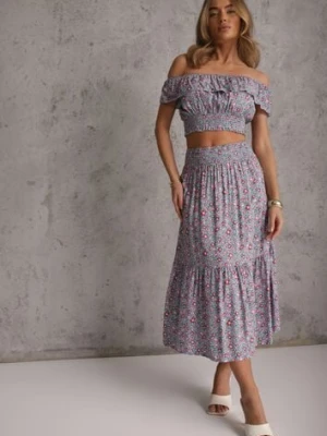 Jasnoniebieski 2-częściowy Komplet Bawełniany z Topem i Długą Spódnicą w Kwiaty Agnda