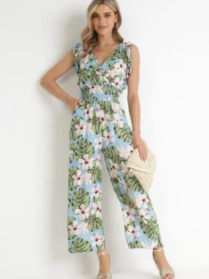 Jasnoniebieski Bawełniany Kombinezon z Długimi Nogawkami w Kwiatowy Wzór Daina defox