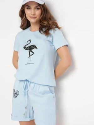 Jasnoniebieski Bawełniany Komplet na Lato T-shirt i Szorty z Nadrukiem Emorals