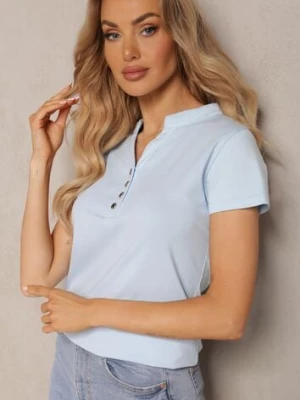 Jasnoniebieski Bawełniany T-shirt z Guzikami przy Dekolcie Wialina