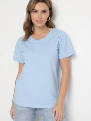 Jasnoniebieski Bawełniany T-shirt z Trójkątnym Dekoltem Nelirna emt