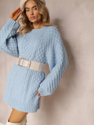 Jasnoniebieski Długi Sweter Ozdobiony Drobnym Splotem Killoe Wool Fashion