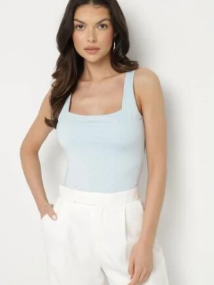 Jasnoniebieski Dopasowany Top z Wiskozą o Kwadratowym Dekolcie Zdobiony Cyrkoniami Zindrina by swan