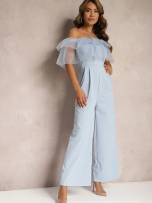 Jasnoniebieski Koktajlowy Kombinezon z Falbanką przy Dekolcie bez Rękawów Tessita