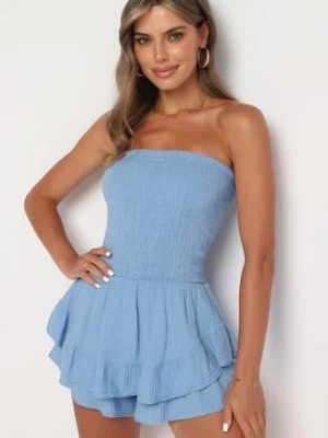 Jasnoniebieski Kombinezon z Bawełny z Elastyczną Gumką w Talii i Falbanką Olialia jumelle