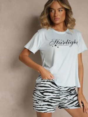 Jasnoniebieski Komplet Piżamowy z Bawełny T-shirt i Szorty z Motywem Zebry Milaria