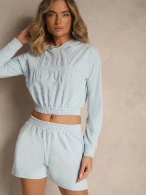 Jasnoniebieski Komplet z Bawełny w Sportowym Stylu Bluza z Kapturem i Szorty Izurea