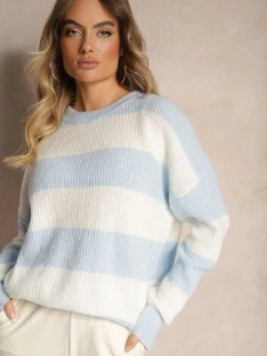 Jasnoniebieski Sweter ze Ściągaczami Ozdobiony Pasami z Wełną Tiarosea acajo