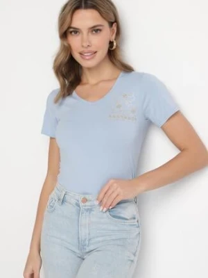 Jasnoniebieski T-shirt Koszulka z Trójkątnym Dekoltem z Bawełny Ozdobiona Nadrukiem Elanoa glo-story