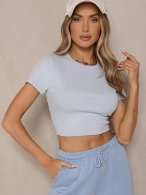 Jasnoniebieski T-shirt z Bawełny z Prążkowanego Materiału Aszedi j.style
