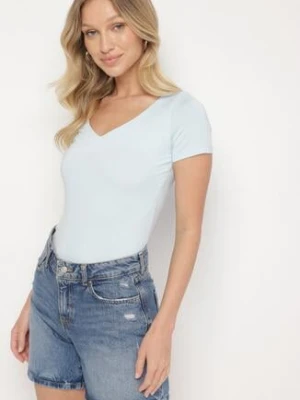 Jasnoniebieski T-shirt z Wiskozą o Dopasowanym Kroju z Dekoltem w Serek Folarisse by swan