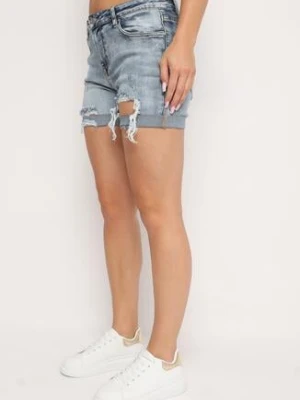 Jasnoniebieskie Bawełniane Szorty Jeansowe o Klasycznym Kroju z Wysokim Stanem i Przetarciami Vimishas