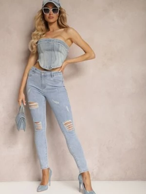 Jasnoniebieskie Casualowe Jeansy Skinny High Waist Ozdobione Przetarciami na Nogawkach Cannesi