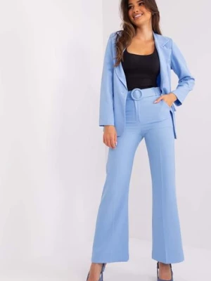 Jasnoniebieskie garniturowe spodnie damskie z kieszeniami Italy Moda