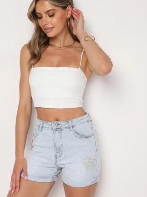 Jasnoniebieskie Jeansowe Szorty w Cyrkonie i Perły Karmel daysie