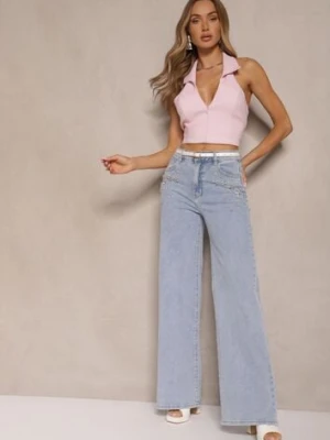 Jasnoniebieskie Jeansy High Waist Wide Leg z Cyrkoniowymi Zdobieniami Palanirela