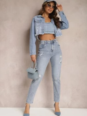 Jasnoniebieskie Jeansy Mom Fit High Waist z Przetarciami Aauroa