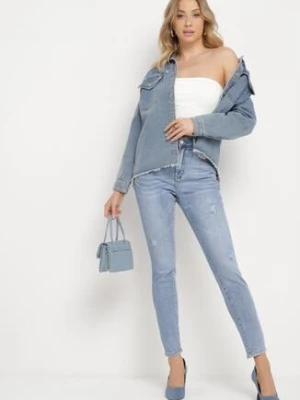 Jasnoniebieskie Jeansy Skinny z Bawełny Ozdobione Przetarciami i Dziurami Astoreta uiuj