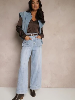Jasnoniebieskie Jeansy Szerokie z Bawełną i Wiskozą High Waist z Przeszyciami Rivionis