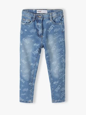 Jasnoniebieskie spodnie jeansowe niemowlęce z napisami Minoti