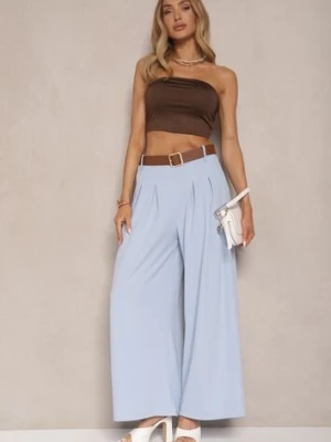 Jasnoniebieskie Spodnie o Szerokim Kroju High Waist Ozdobione Paskiem Rasalle fashion