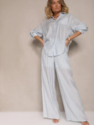 Jasnoniebieskie Spodnie Palazzo High Waist z Szeroką Nogawką i Gumką w Talii Jenarielis By Swan